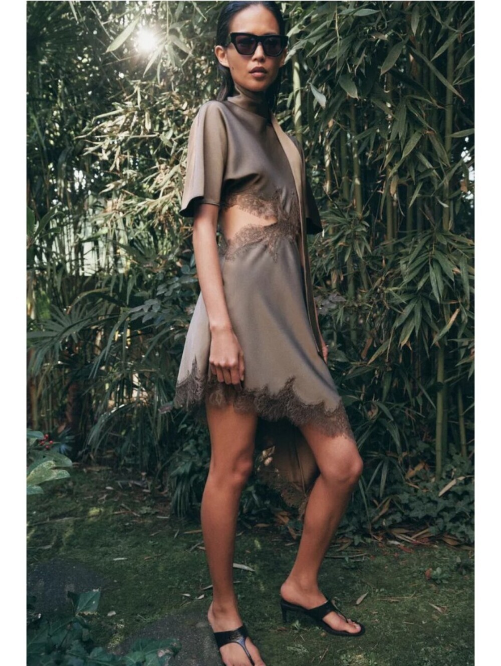 Zara Olive Green Asymmetrical Satin Dress with Lace Trim - Picture 4 of 11